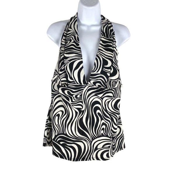 Longitude Tankini Swim Top Women's‎ Large Black White Print Halter V-Neck - Picture 1 of 7